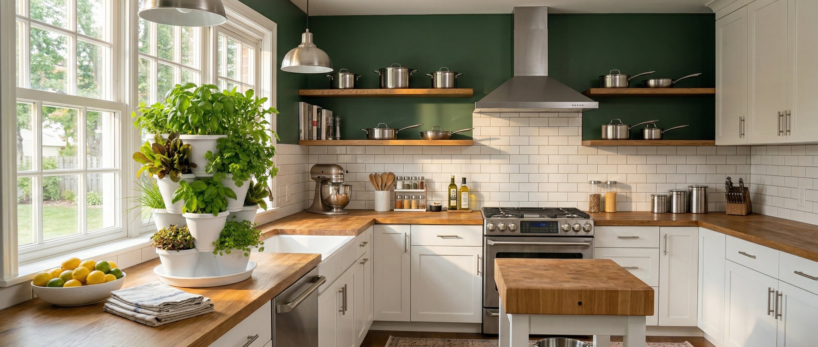 A white Homestead Hub stacking planter full of fresh herbs on a kitchen countertop by a sunny window